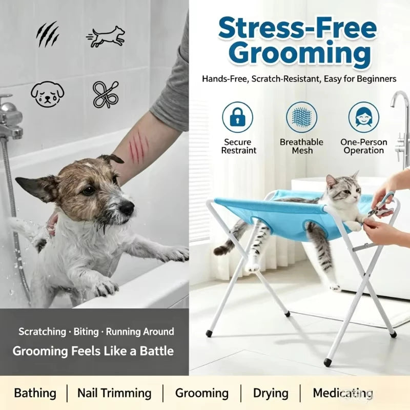 Portable Pet Grooming Bath Hammock Stand Adjustable Dog Cat Washing Restraint Mesh Support Rack Foldable Pet Bathing Drying Groo