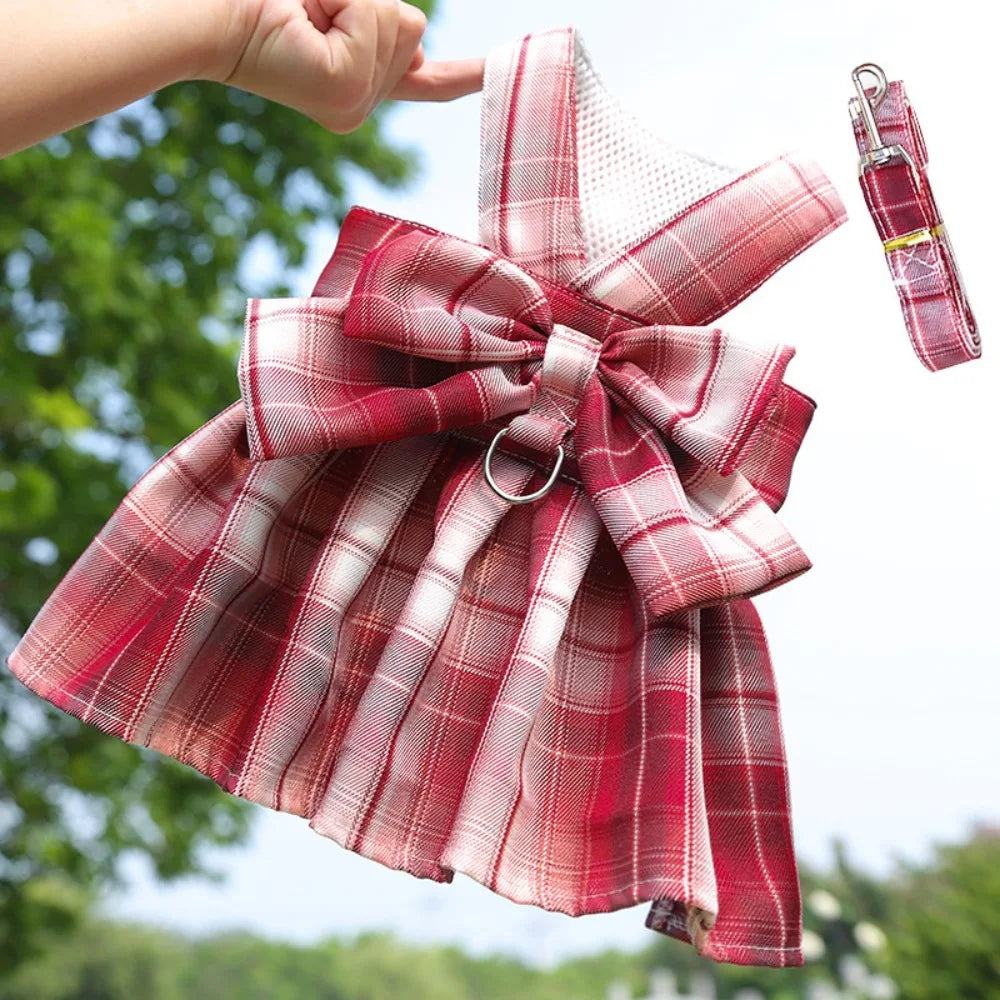 Reusable with Leash Traction Dog Plaid JK Dress Thin Dacron Pet Harness Skirt Adjustable Washable Dog Bow Skirt Rabbit