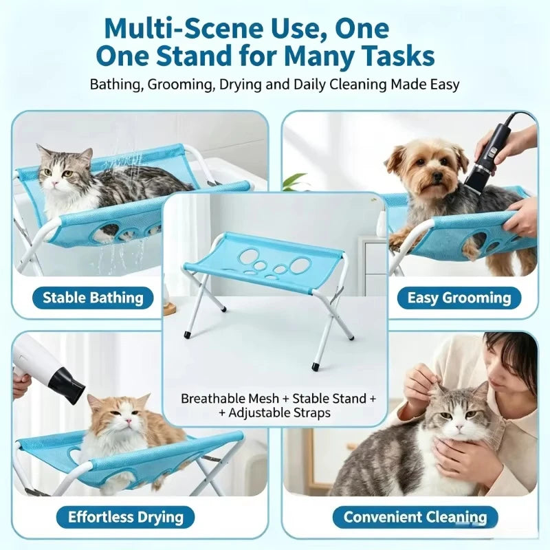 Portable Pet Grooming Bath Hammock Stand Adjustable Dog Cat Washing Restraint Mesh Support Rack Foldable Pet Bathing Drying Groo