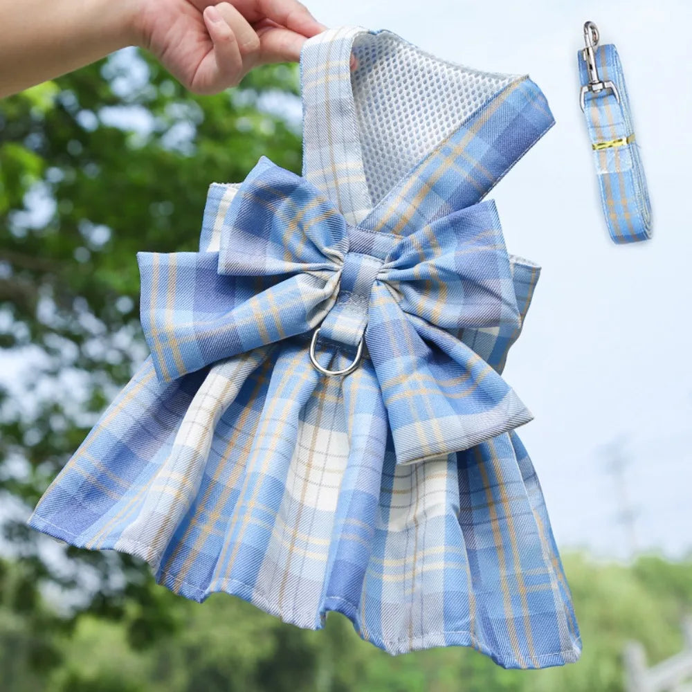 Reusable with Leash Traction Dog Plaid JK Dress Thin Dacron Pet Harness Skirt Adjustable Washable Dog Bow Skirt Rabbit