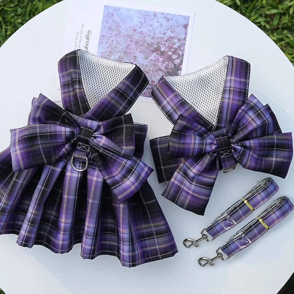 Reusable with Leash Traction Dog Plaid JK Dress Thin Dacron Pet Harness Skirt Adjustable Washable Dog Bow Skirt Rabbit