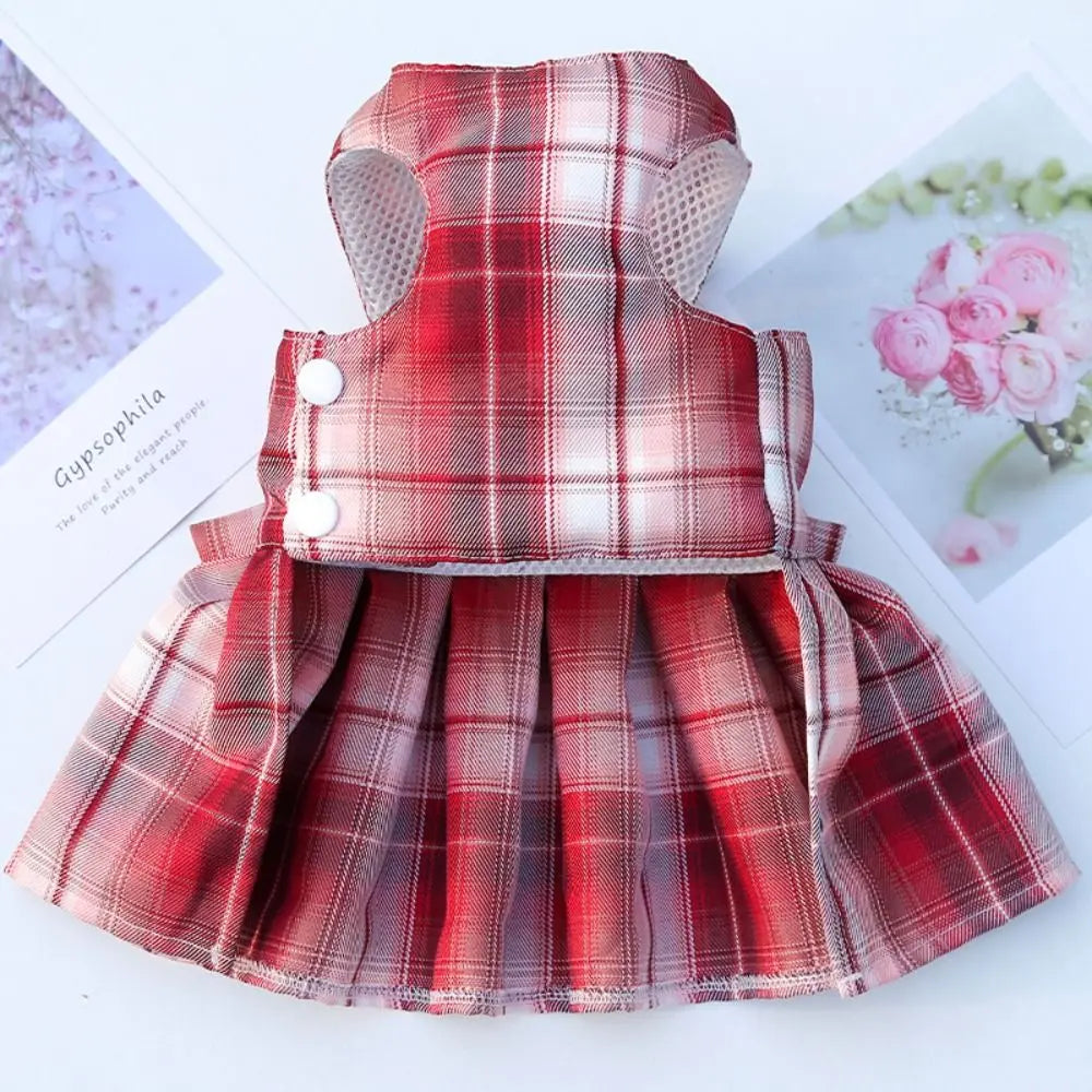 Reusable with Leash Traction Dog Plaid JK Dress Thin Dacron Pet Harness Skirt Adjustable Washable Dog Bow Skirt Rabbit