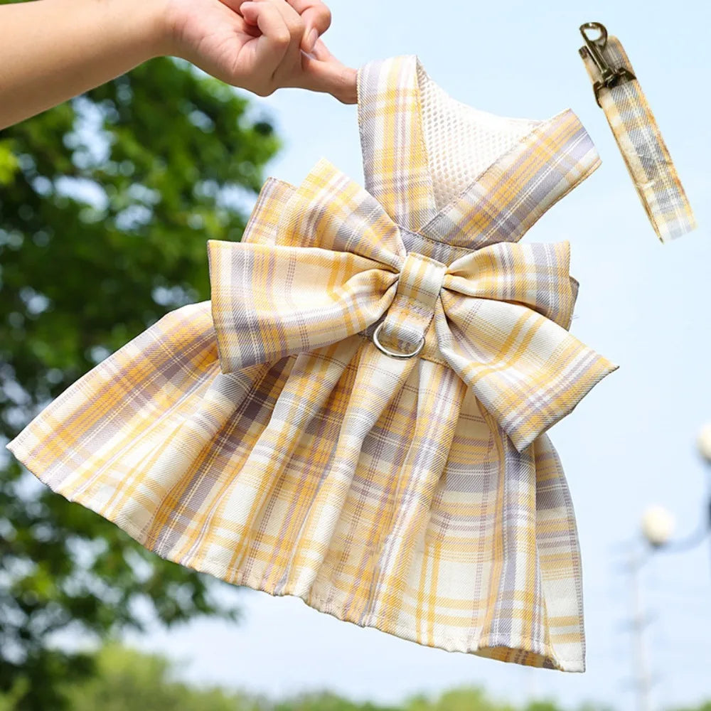 Reusable with Leash Traction Dog Plaid JK Dress Thin Dacron Pet Harness Skirt Adjustable Washable Dog Bow Skirt Rabbit