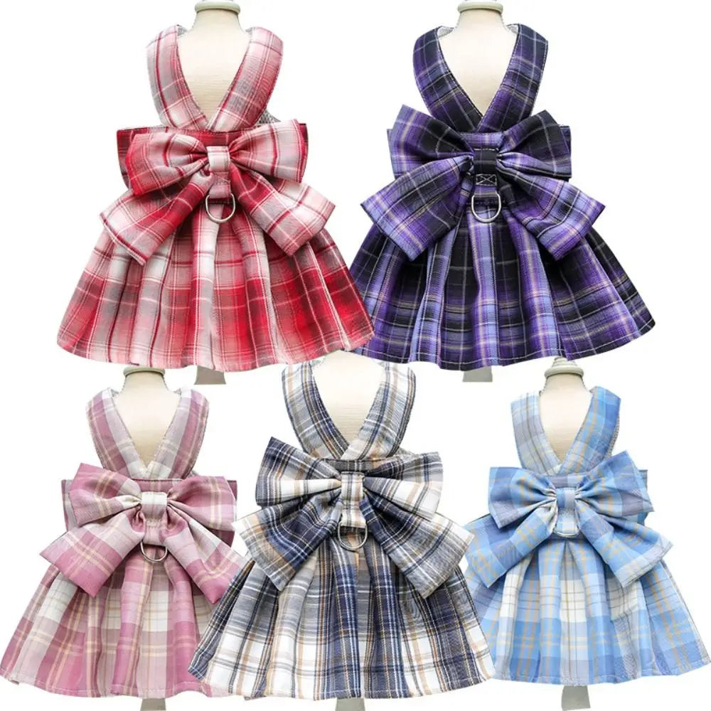 Reusable with Leash Traction Dog Plaid JK Dress Thin Dacron Pet Harness Skirt Adjustable Washable Dog Bow Skirt Rabbit