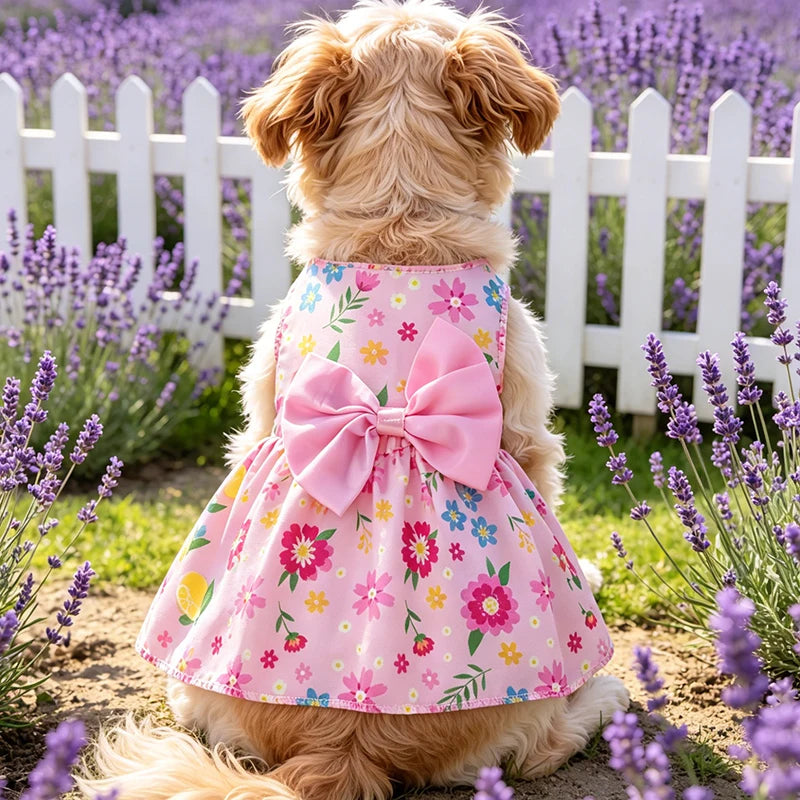 Dog Princess Dress Summer Kitten Pet Skirt Pink Printed Bow Lace Dog Dresses for Small Medium Puppies Poodle Chihuahua Apparel