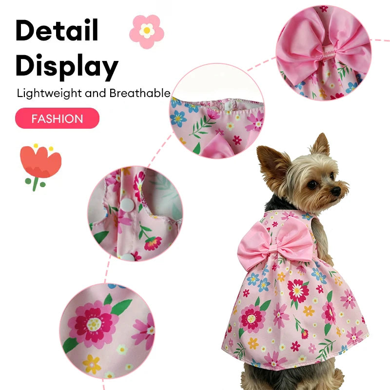 Dog Princess Dress Summer Kitten Pet Skirt Pink Printed Bow Lace Dog Dresses for Small Medium Puppies Poodle Chihuahua Apparel