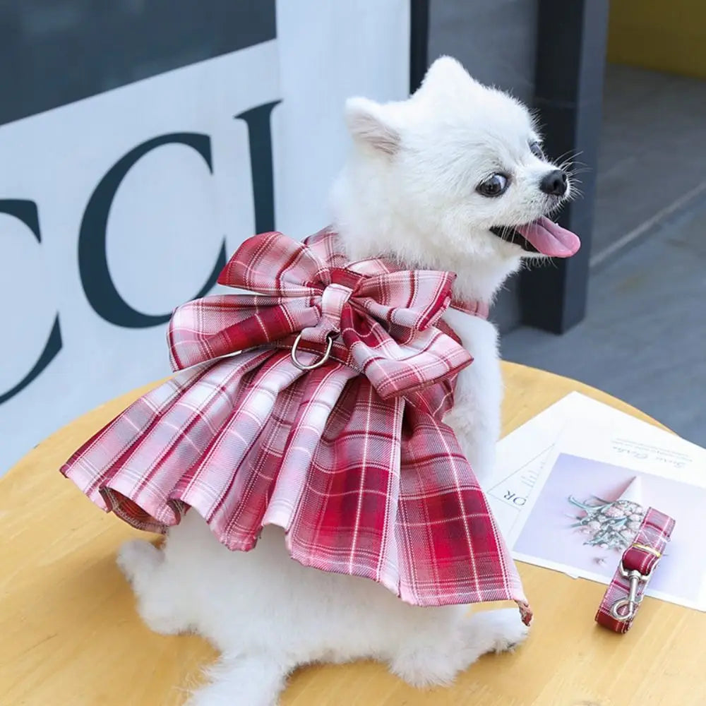 Reusable with Leash Traction Dog Plaid JK Dress Thin Dacron Pet Harness Skirt Adjustable Washable Dog Bow Skirt Rabbit