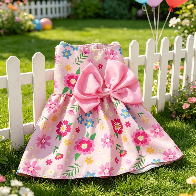 Dog Princess Dress Summer Kitten Pet Skirt Pink Printed Bow Lace Dog Dresses for Small Medium Puppies Poodle Chihuahua Apparel