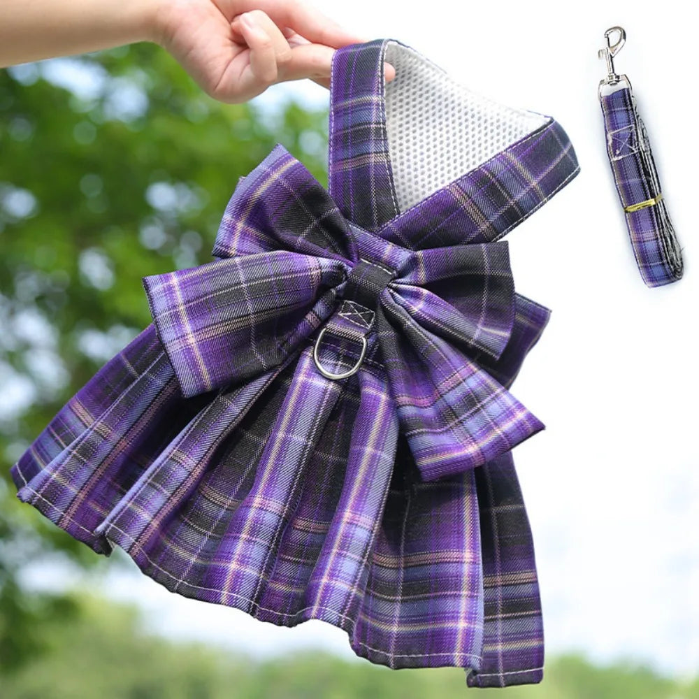 Reusable with Leash Traction Dog Plaid JK Dress Thin Dacron Pet Harness Skirt Adjustable Washable Dog Bow Skirt Rabbit
