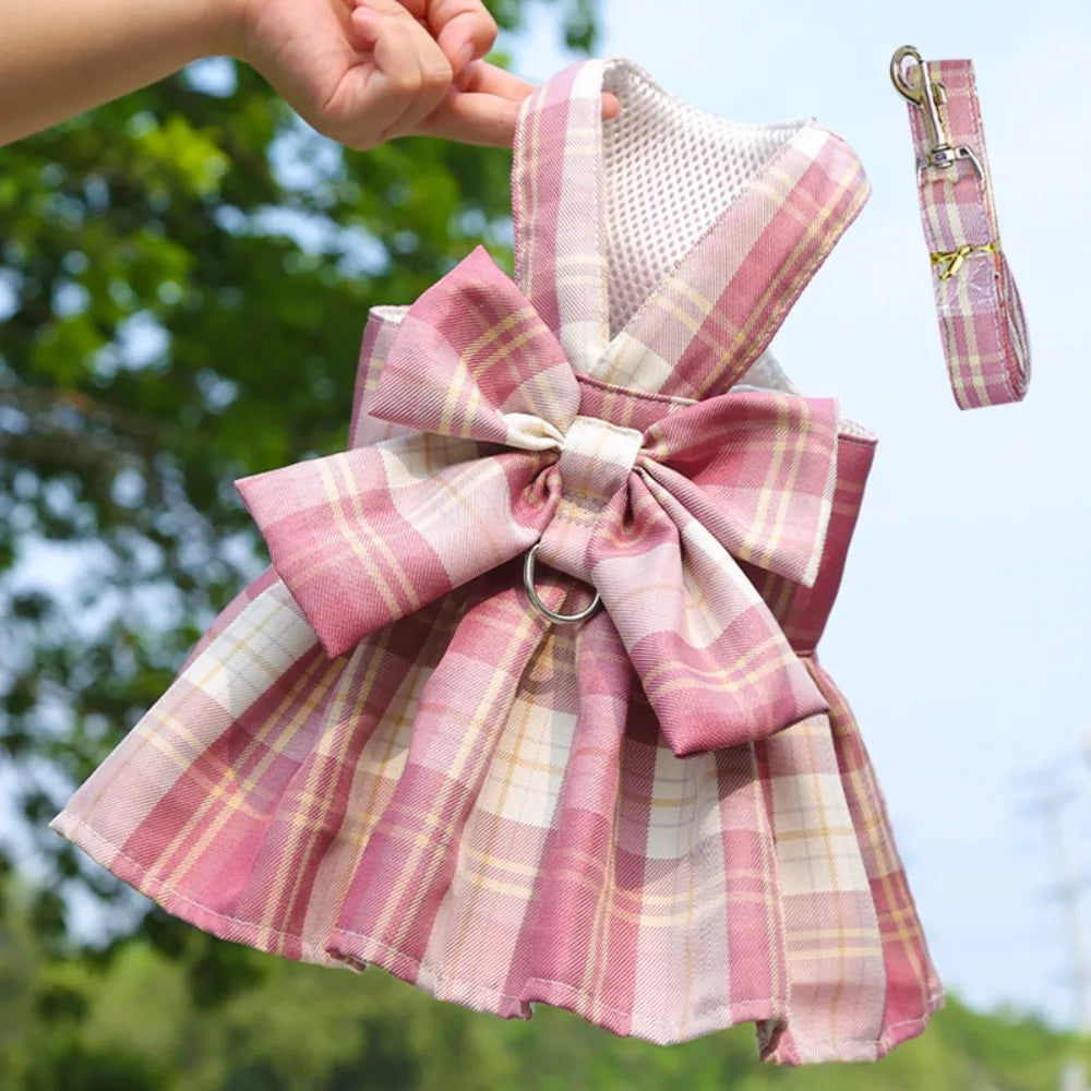 Reusable with Leash Traction Dog Plaid JK Dress Thin Dacron Pet Harness Skirt Adjustable Washable Dog Bow Skirt Rabbit