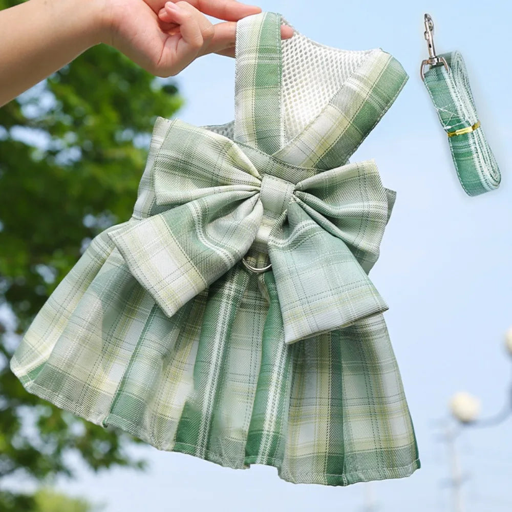Reusable with Leash Traction Dog Plaid JK Dress Thin Dacron Pet Harness Skirt Adjustable Washable Dog Bow Skirt Rabbit