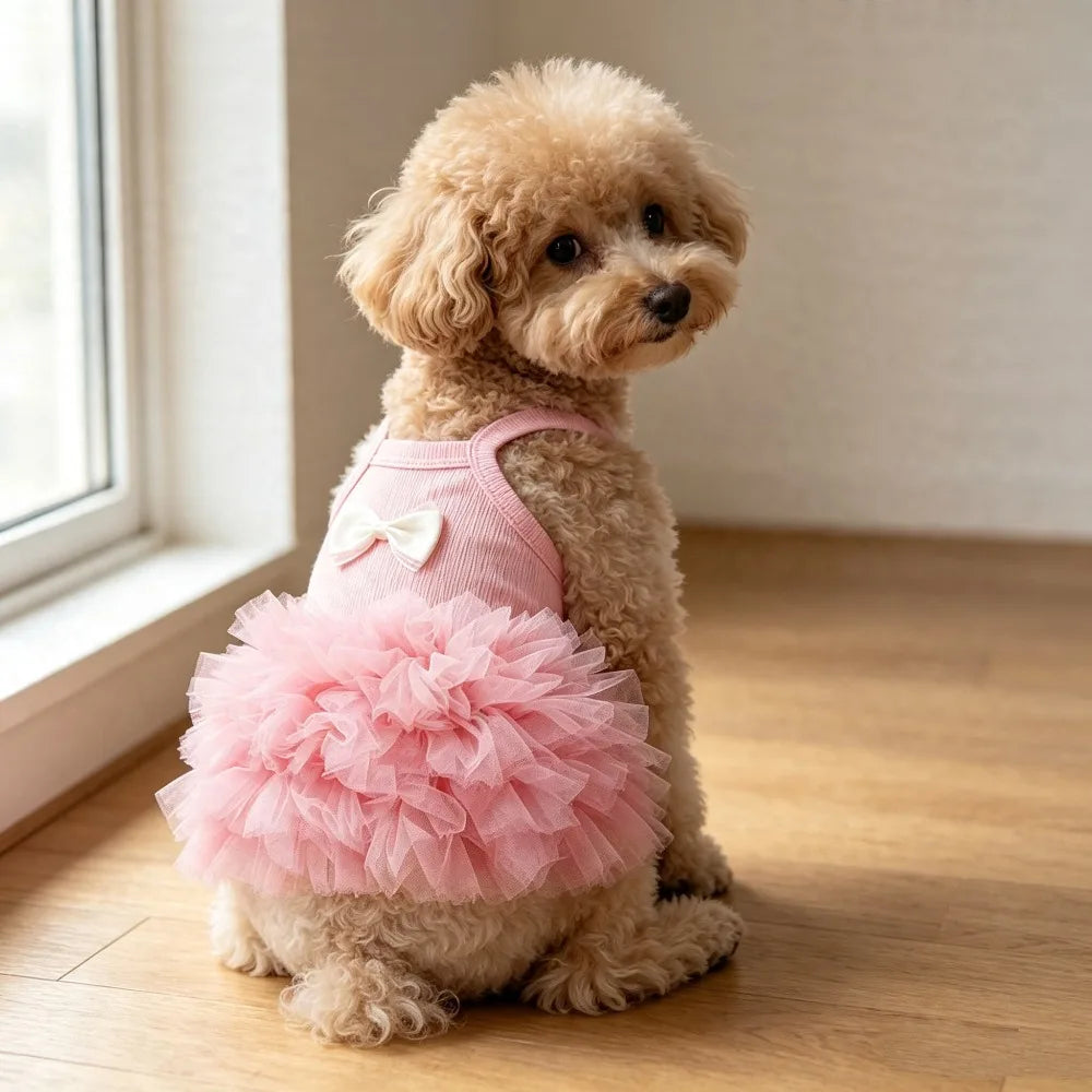 1PC Cute Pink Suspender Dog Tutu Dress With Bow, Breathable Ribbed Pet Princess Tulle Skirt,  Small Dogs & Cats