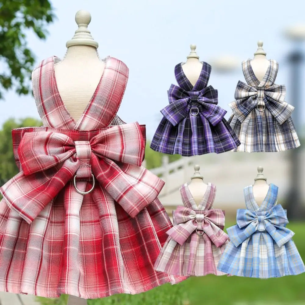 Reusable with Leash Traction Dog Plaid JK Dress Thin Dacron Pet Harness Skirt Adjustable Washable Dog Bow Skirt Rabbit