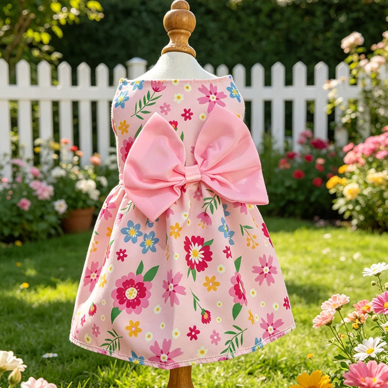Dog Princess Dress Summer Kitten Pet Skirt Pink Printed Bow Lace Dog Dresses for Small Medium Puppies Poodle Chihuahua Apparel